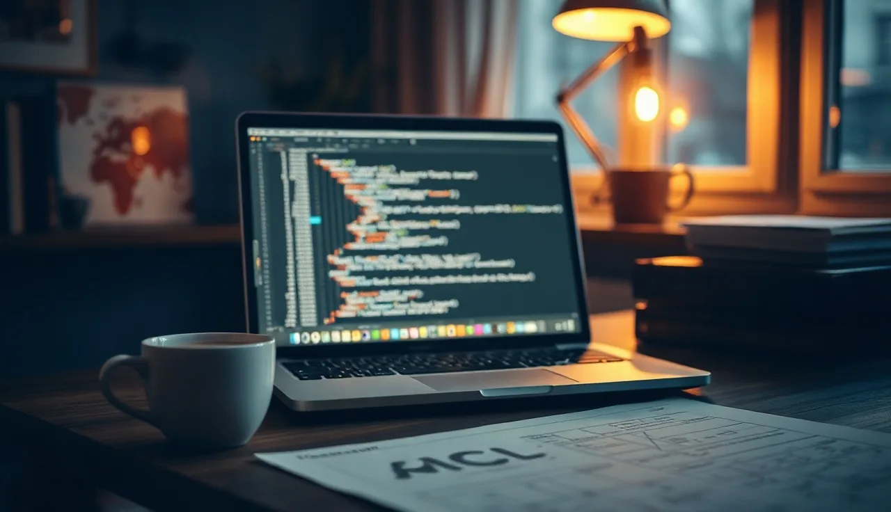 Developer desk at dusk with laptop showing schema markup code and coffee