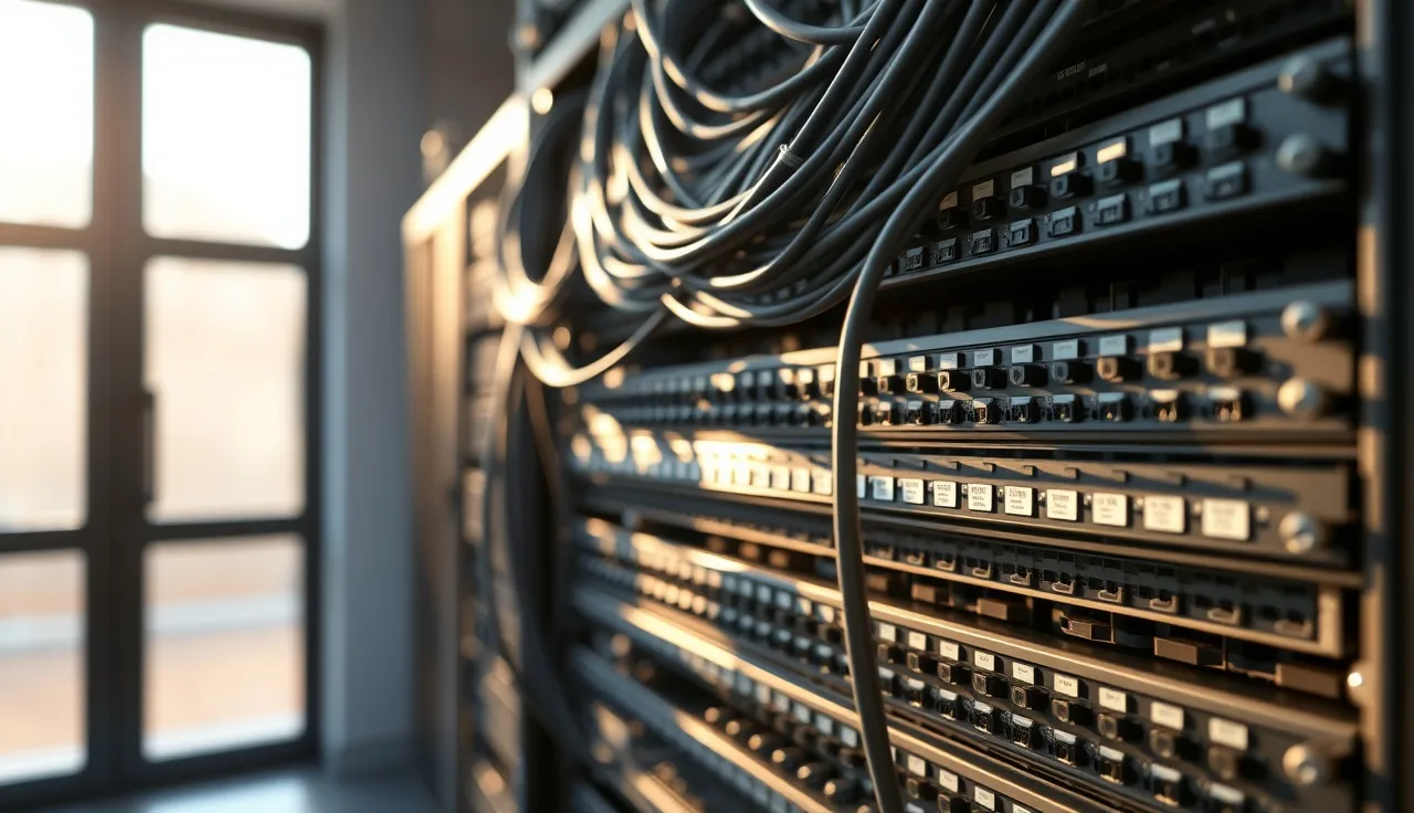 Organized server room cable panel showing structured data routing in hardware