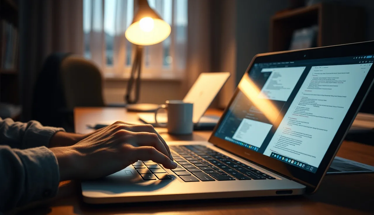 Developer hands on laptop keyboard reviewing schema markup code in a warmly lit office