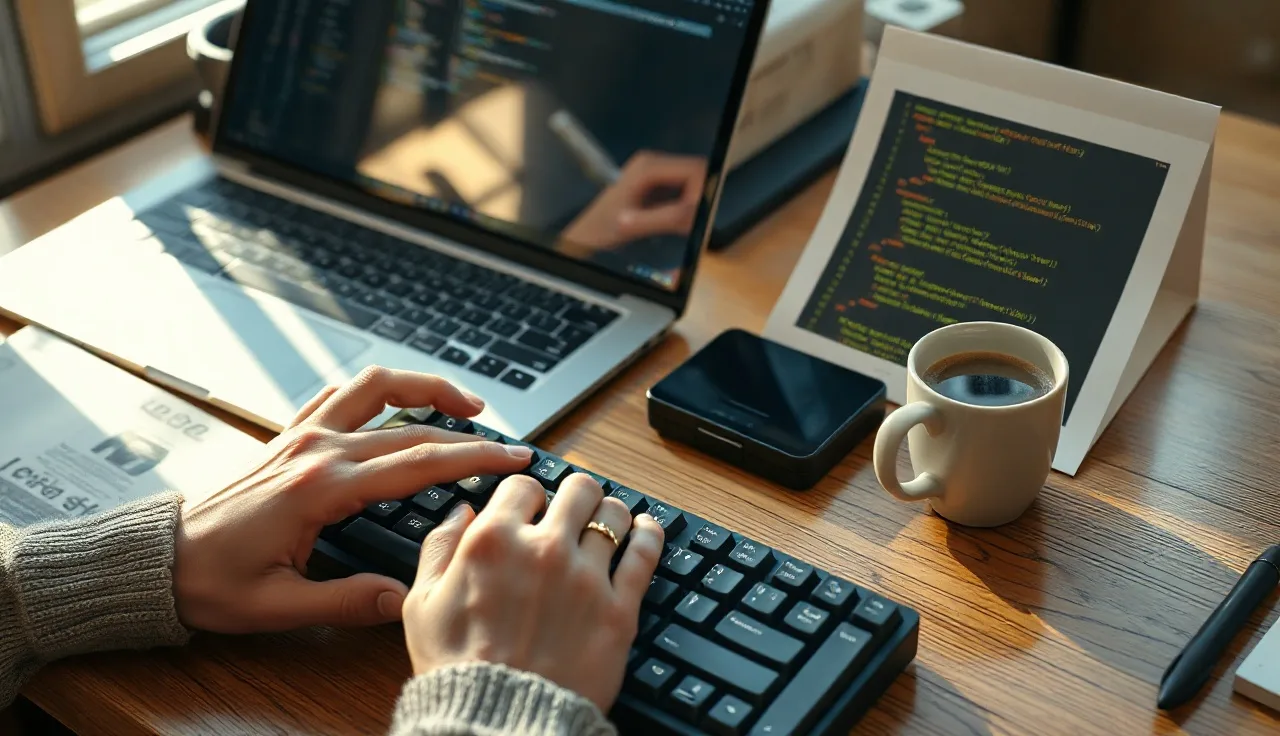 Developer's desk with code on laptop screen and schema markup diagram