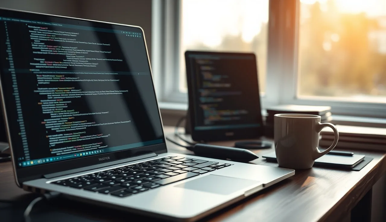 Developer desk with laptop showing code for schema markup and AI content