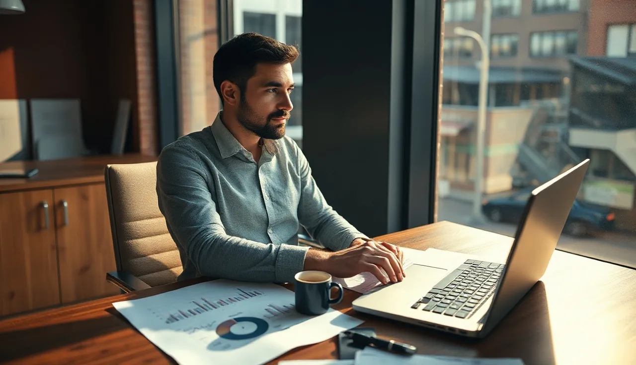 Marketing analyst reviewing AI search visibility reports at a desk with morning light