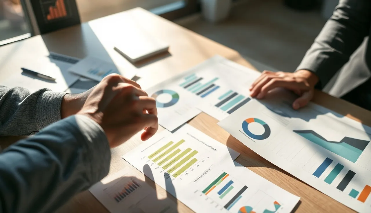 Marketing analyst reviewing share of voice competitor reports on a sunlit table