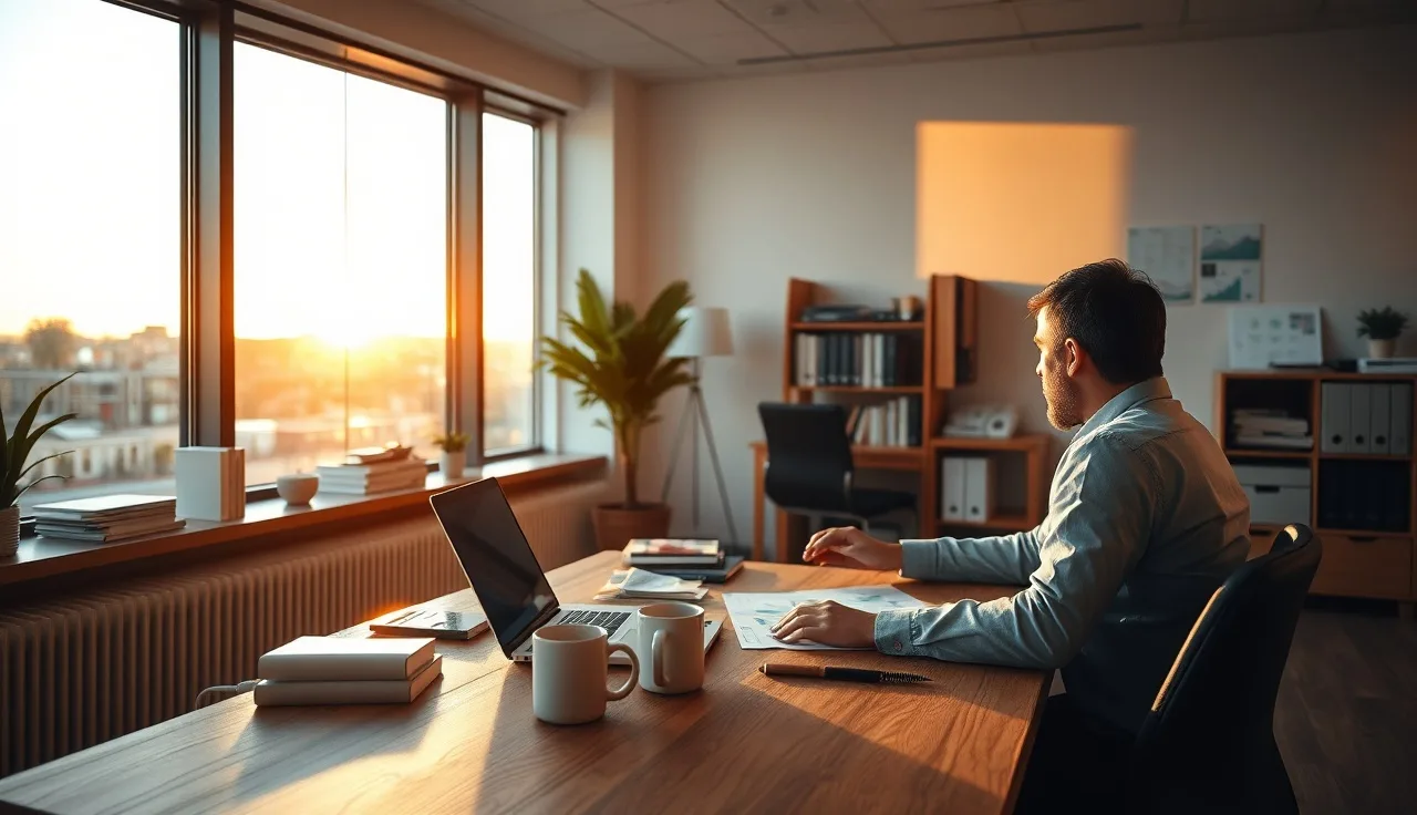 Small business owner reviewing AI visibility strategy charts at a wooden desk