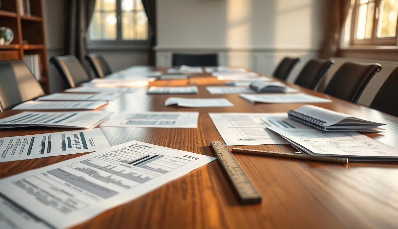 Printed data comparison sheets spread across a wooden conference table in natural light