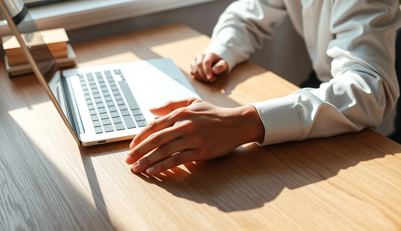 Professional at a wooden desk in morning light, researching AI search visibility techniques