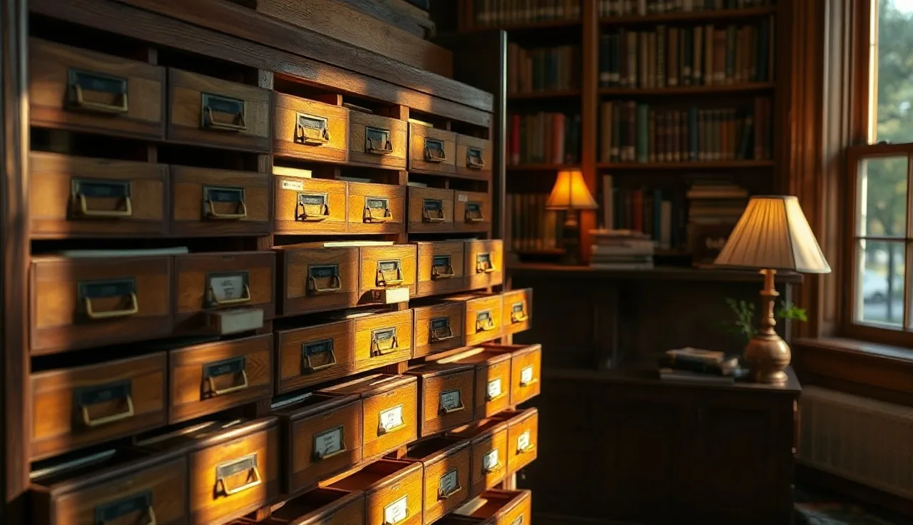 Open wooden card catalog drawers in warm library light representing third-party brand mentions