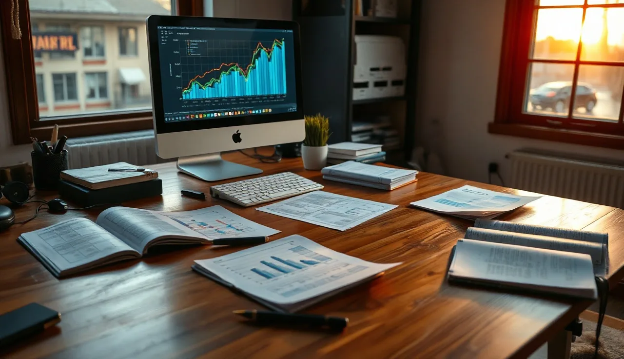 Researcher's desk at dawn with trend charts and notebooks for AI search data analysis