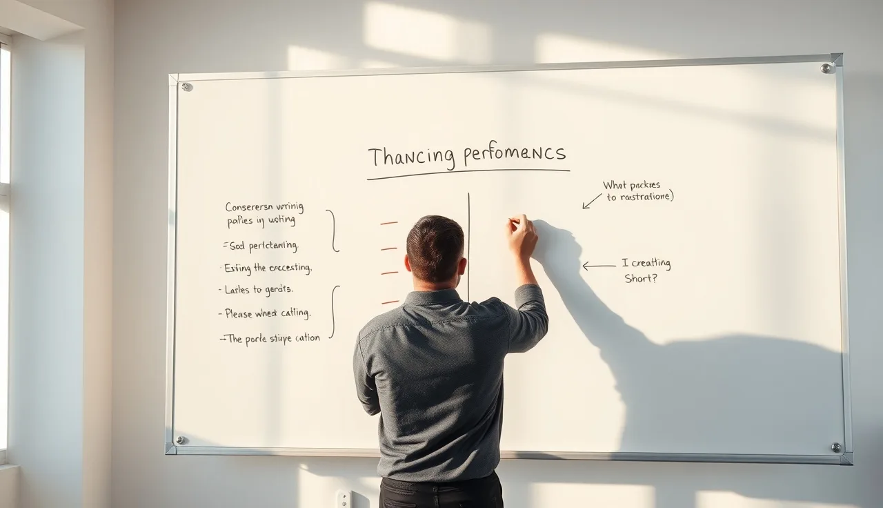 Person writing a structured value proposition diagram on a whiteboard in sunlit office
