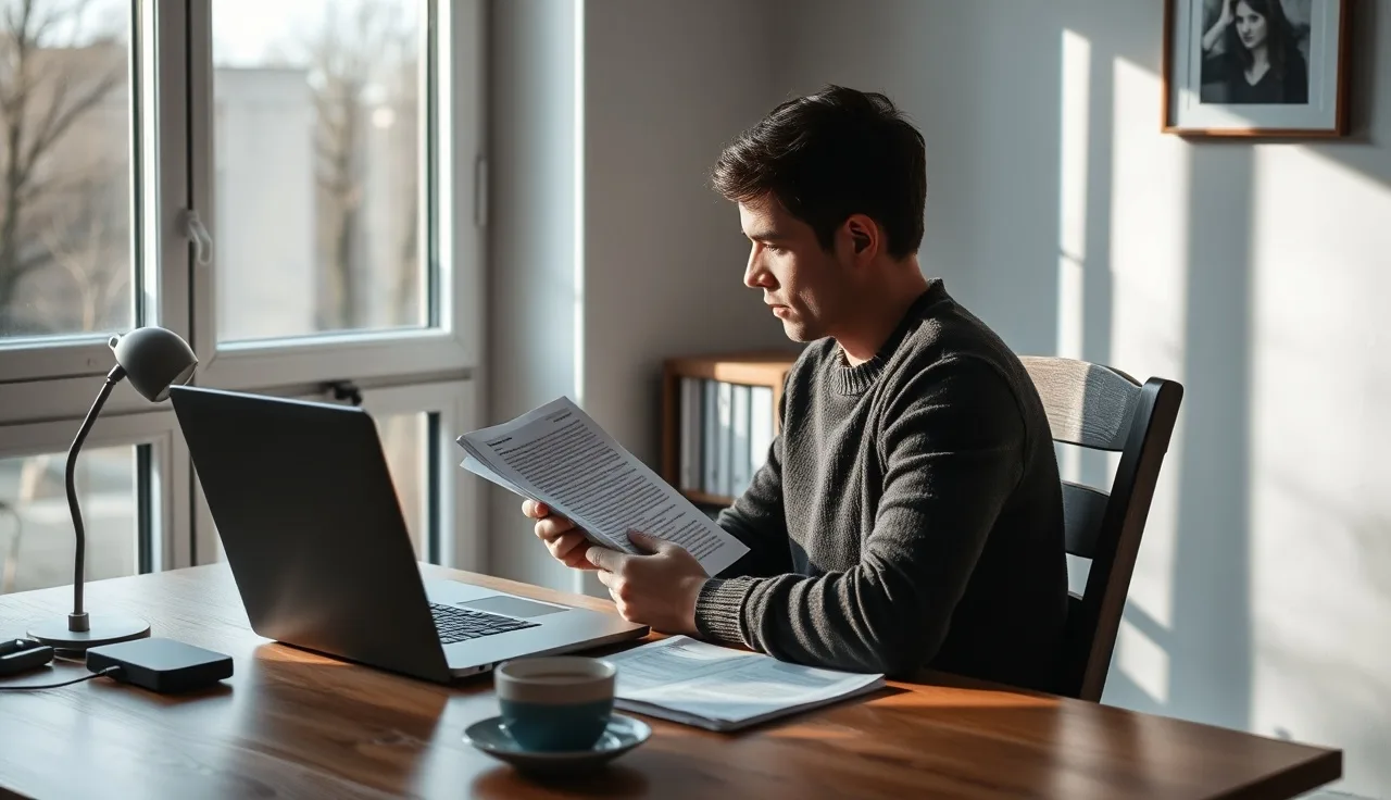 Person reviewing printed video transcript pages at a sunlit wooden desk