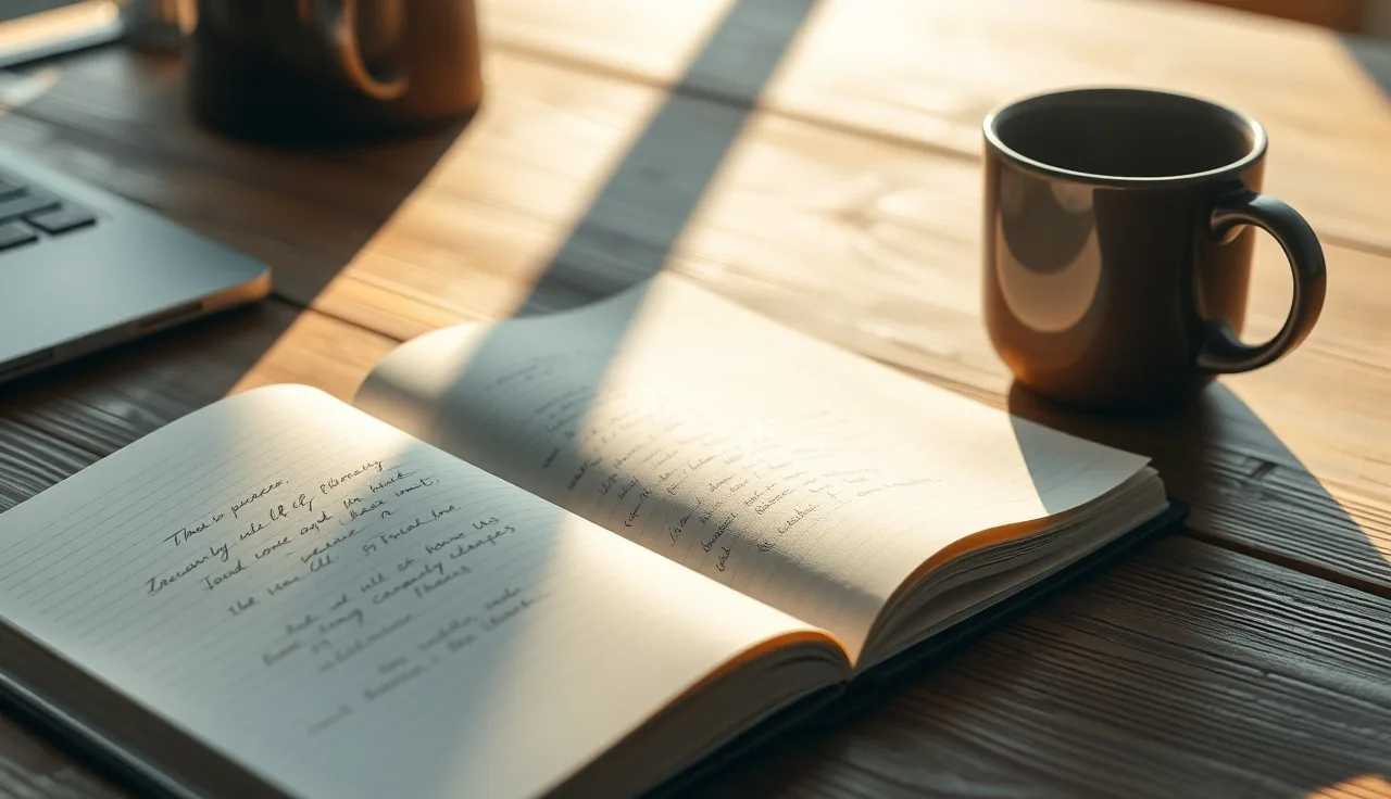 Open notebook with structural outlines on a wooden desk in morning light